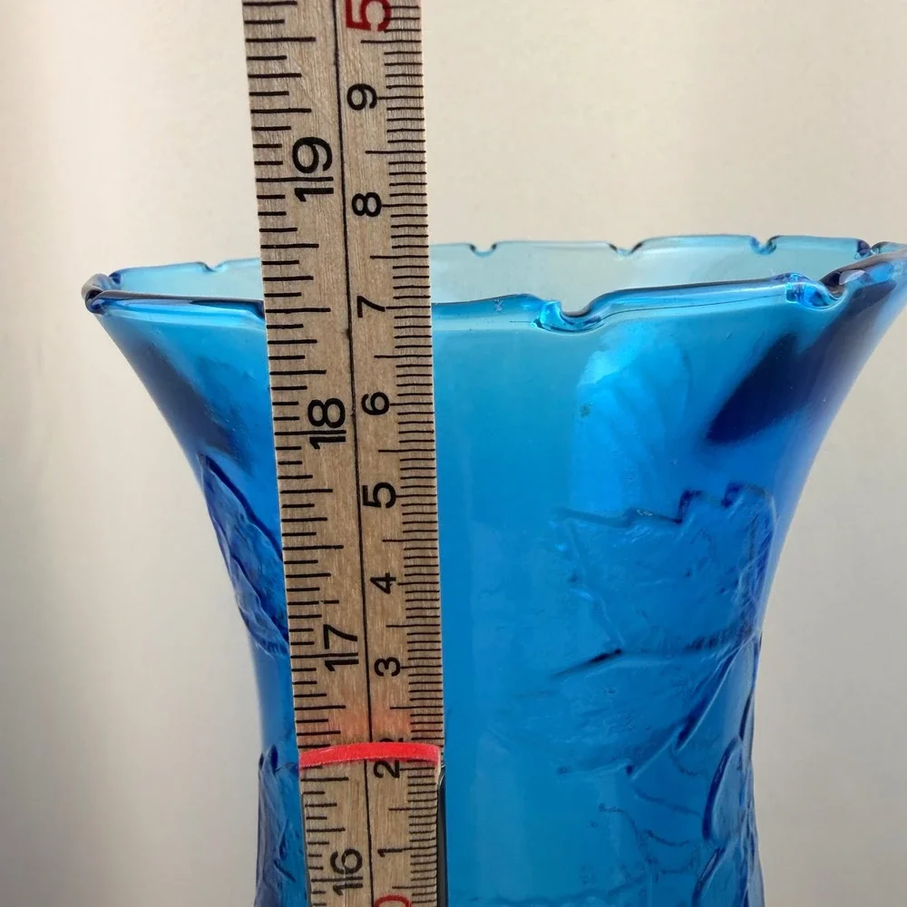 Vintage Blue Glass Hurricane Candle Holder Floral Embossed 2 Piece 18.5 Inch